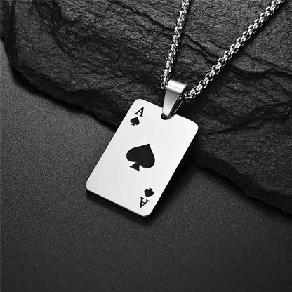 Stainless Steel Poker Card Ace of Spades Necklace