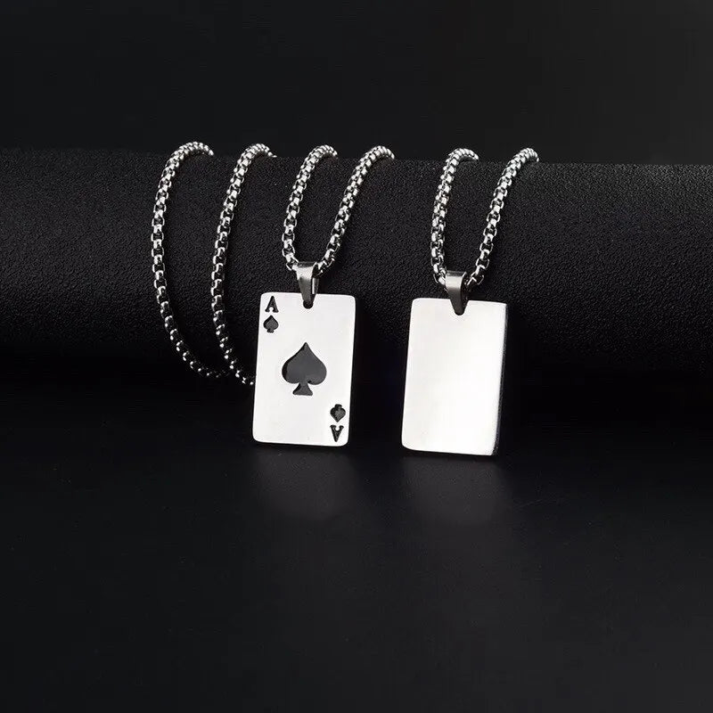 Stainless Steel Poker Card Ace of Spades Necklace